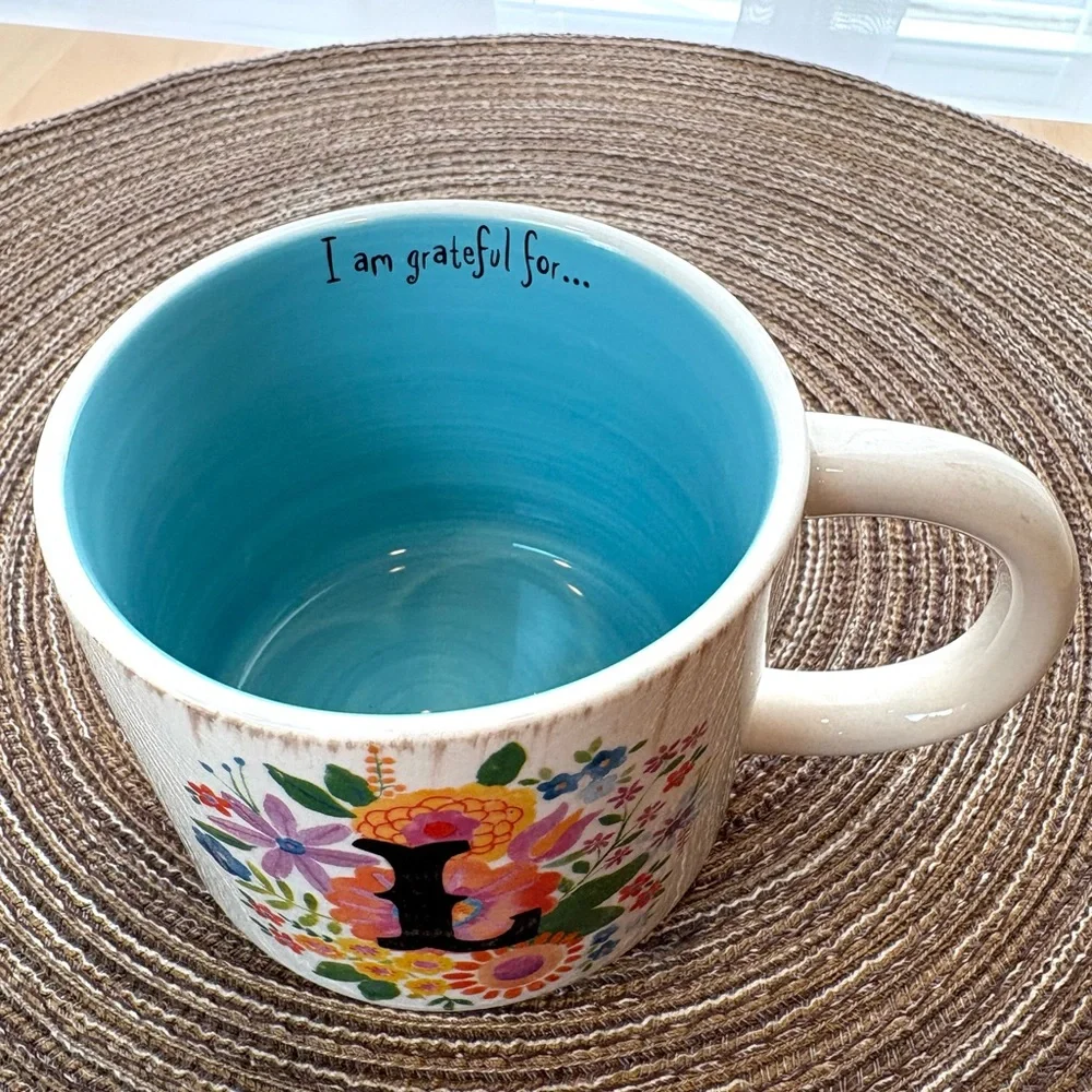 Natural Life L Mug Coffee Tea Cup Cream Floral Aqua Blue Inside Super Cute! - Picture 2 of 3